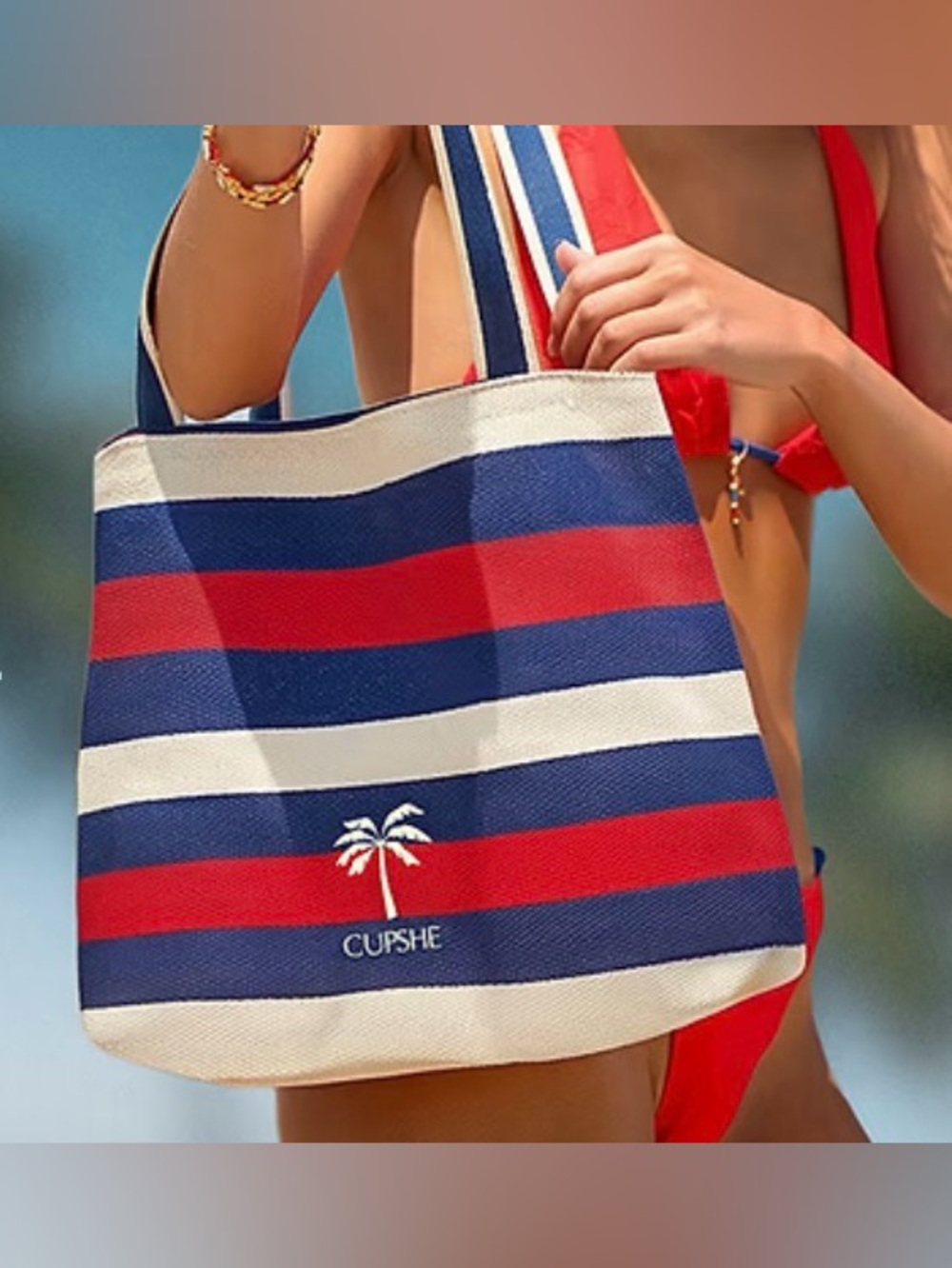 Cupshe Red White & Blue Striped Canvas Tote Bag